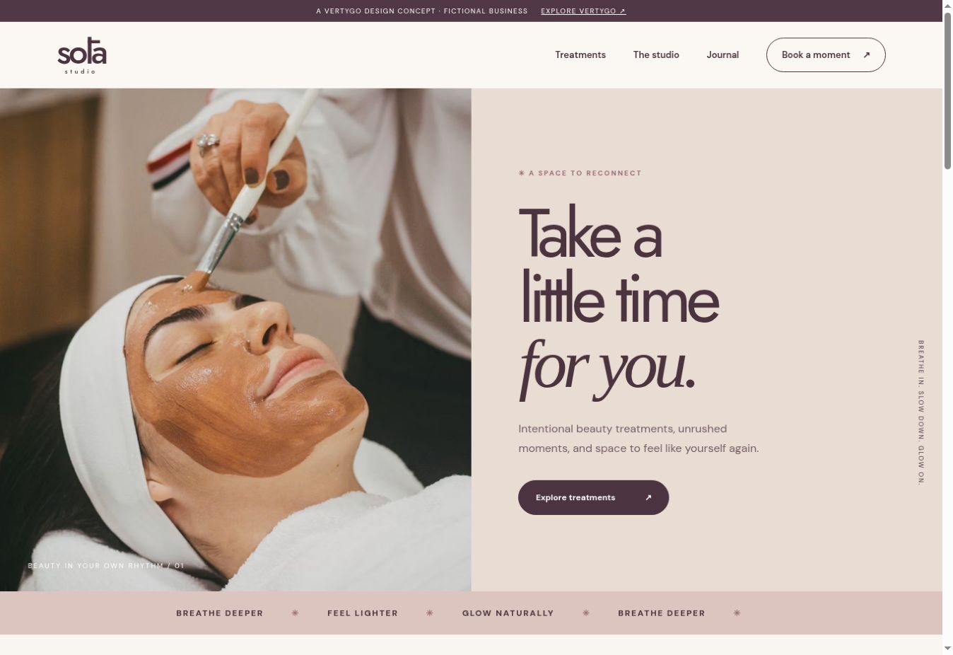 Sōla Studio fictional beauty demo showing a treatment photograph and treatment link