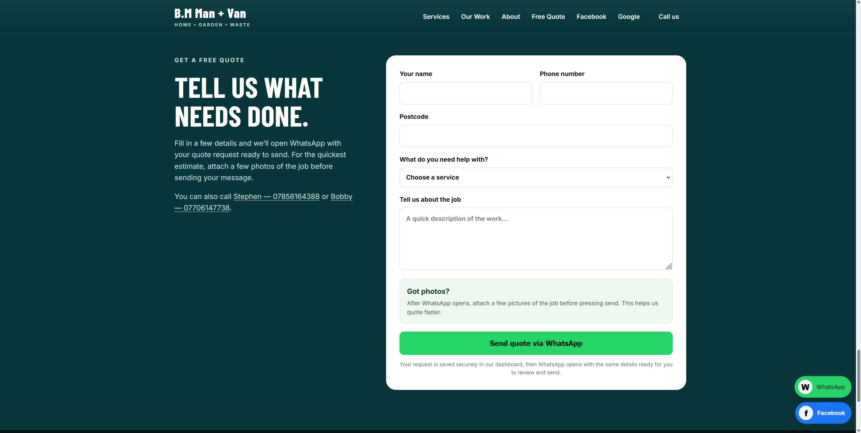 BM Man & Van website screenshot